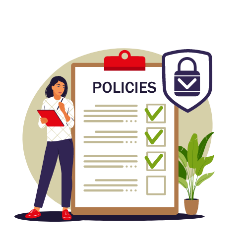 Illustration of a woman standing beside a clipboard that says "Policies"